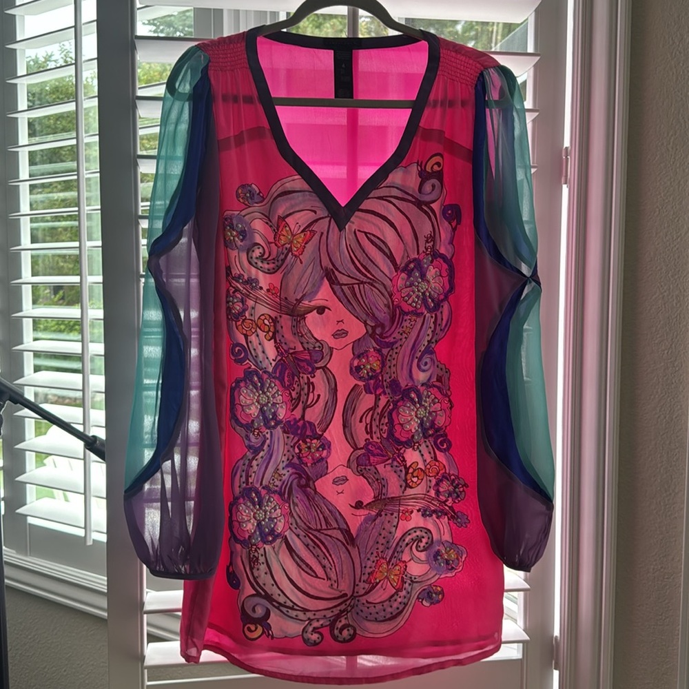 Custo Barcelona Pink Bishop Sleeve V-Neck Dress Silk Beaded Shift Dress - Picture 10 of 10